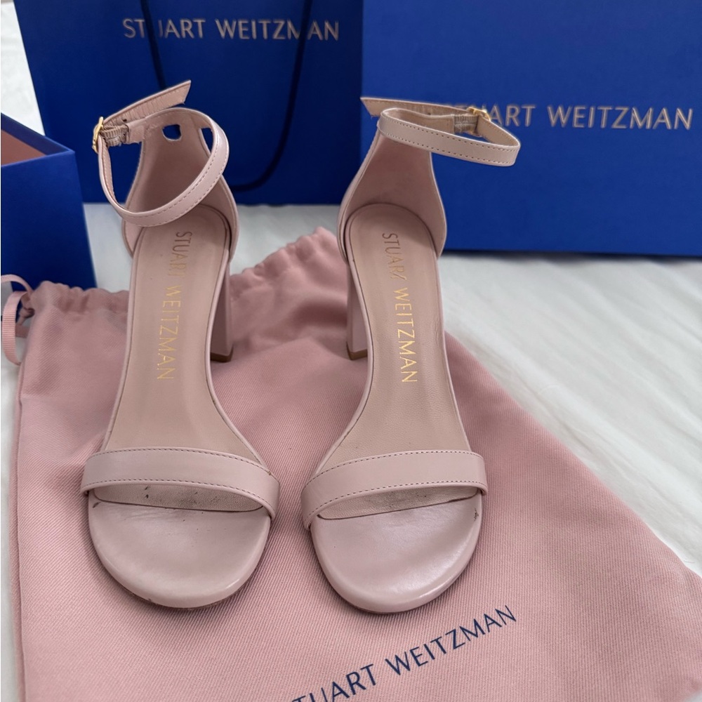Stuart Weitzman Blush Pink Ankle-Strap Block Heel Sandals